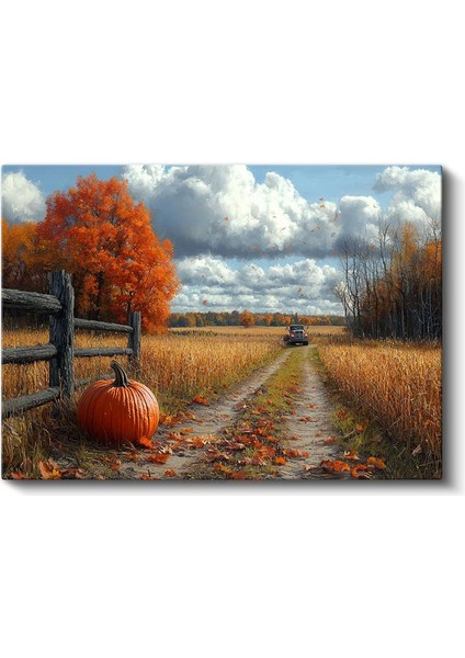 Sonbahar Yolu - Turuncu Yapraklı Ağaçlar ve Balkabağı Kanvas Tablo fiyatları