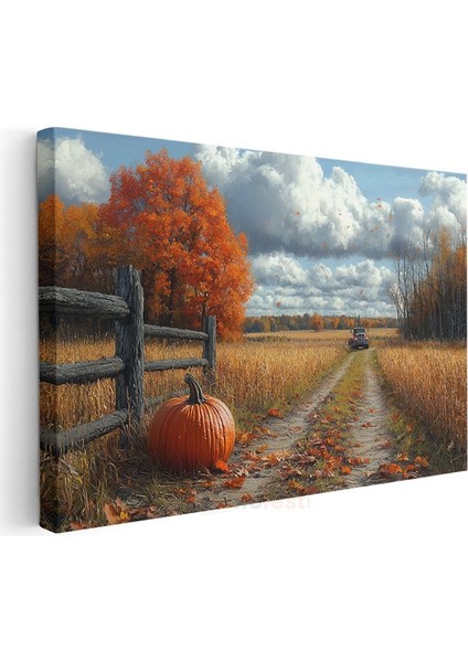 Sonbahar Yolu - Turuncu Yapraklı Ağaçlar ve Balkabağı Kanvas Tablo modelleri