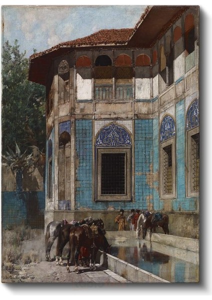 Osmanlı Mimarisi - Mavi Çinili Yapı ve Atlar Kanvas Tablo