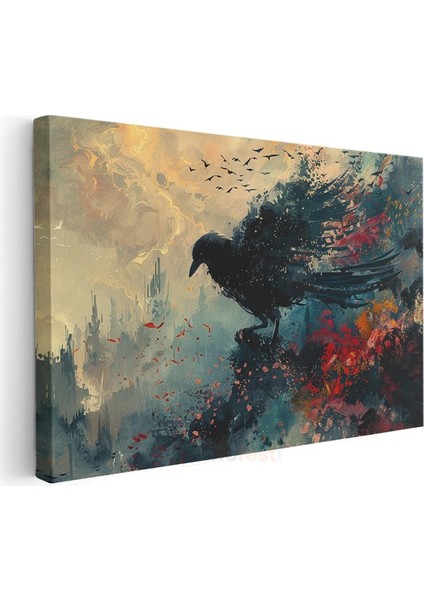 Soyut Kuzgun - Renklerin Kanatlarında Uçan Karanlık Haberci Kanvas Tablo modelleri