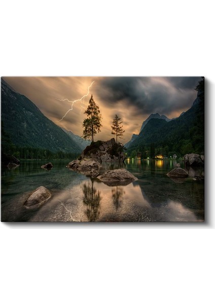 Yıldırım Çarpması - Göl Ortasındaki Kayalık Adacık Kanvas Tablo fiyatları