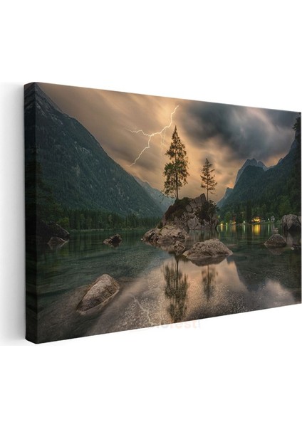 Yıldırım Çarpması - Göl Ortasındaki Kayalık Adacık Kanvas Tablo modelleri