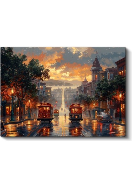 San Francisco Tramvayları - Işıklı Cadde Manzarası Kanvas Tablo fiyatları