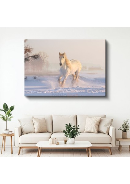 Kış Koşusu - Karlı Zeminde İlerleyen Beyaz At Kanvas Tablo
