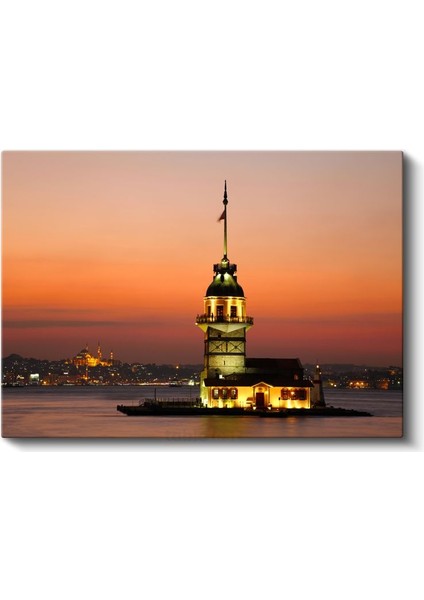 Kız Kulesi - Gün Batımında Işıklı Deniz Feneri Kanvas Tablo fiyatları