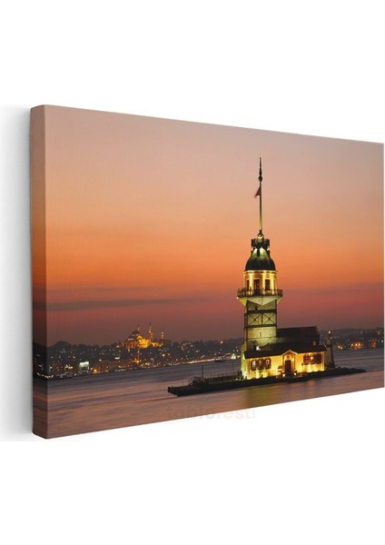 Kız Kulesi - Gün Batımında Işıklı Deniz Feneri Kanvas Tablo modelleri