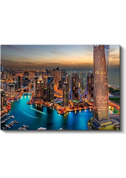 Dubai Marina - Turkuaz Sular ve Işıklı Kuleler Kanvas Tablo fiyatları