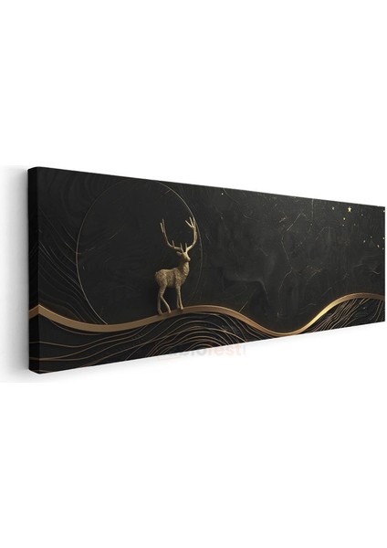 Gece Geyiği - Siyah Zeminde Altın Geyik Silueti Kanvas Tablo modelleri