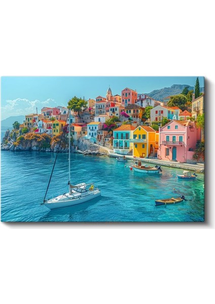 Santorini Evleri - Turkuaz Deniz Manzarası Kanvas Tablo