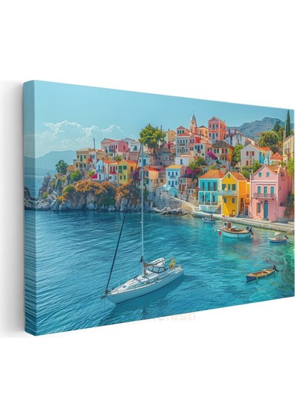 Santorini Evleri - Turkuaz Deniz Manzarası Kanvas Tablo