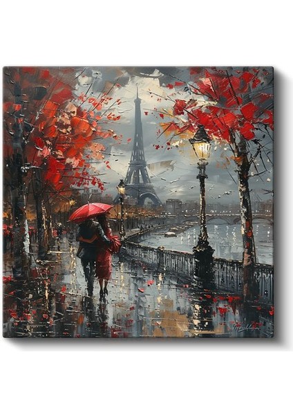 Paris'te Yağmur - Kırmızı Şemsiyeli Romantizm Kanvas Tablo