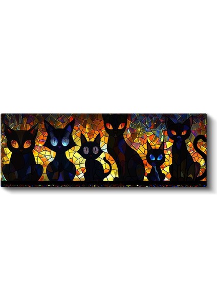 Vitray Kediler - Renkli Cam Efektli Siyah Kedi Siluetleri Kanvas Tablo fiyatları