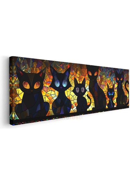 Vitray Kediler - Renkli Cam Efektli Siyah Kedi Siluetleri Kanvas Tablo modelleri