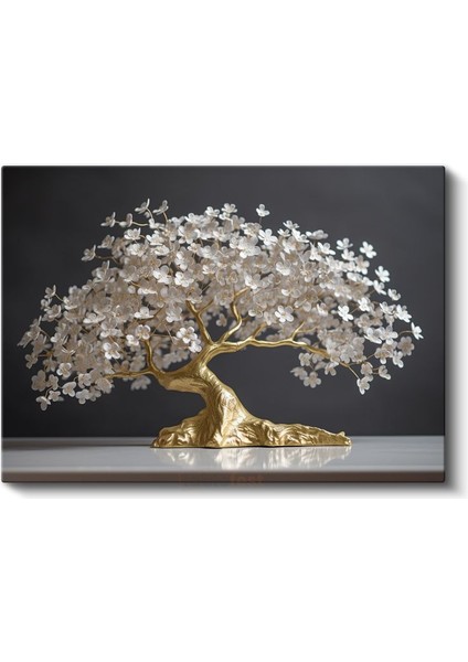 Altın Çiçek Ağacı - Zarif Beyaz Çiçekli Bonsai Sanatı Kanvas Tablo fiyatları