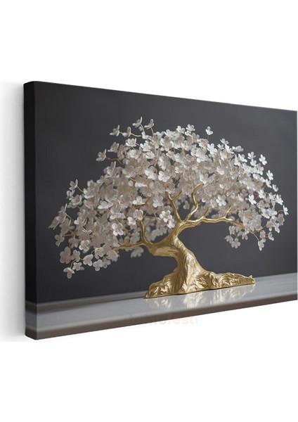 Altın Çiçek Ağacı - Zarif Beyaz Çiçekli Bonsai Sanatı Kanvas Tablo modelleri
