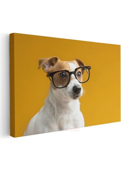 Zeki Köpek Portresi - Sarı Zeminde Gözlüklü Dost Kanvas Tablo modelleri