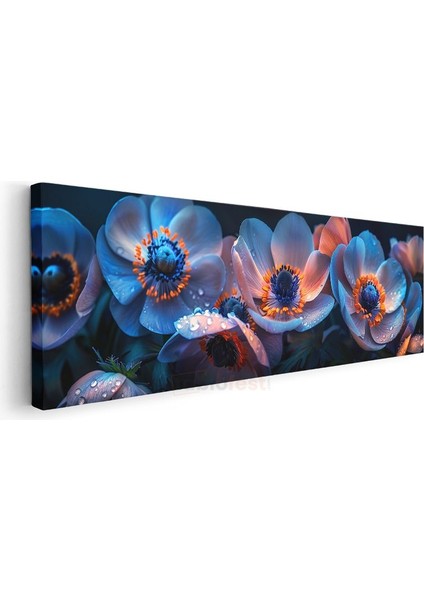 Mavi Anemonlar - Çiy Damlacıklı Panoramik Çiçek Serisi Kanvas Tablo modelleri