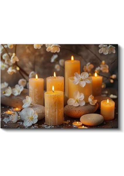Sarı Mumlar - Çiçekler ve Taşlarla Spa Teması Kanvas Tablo