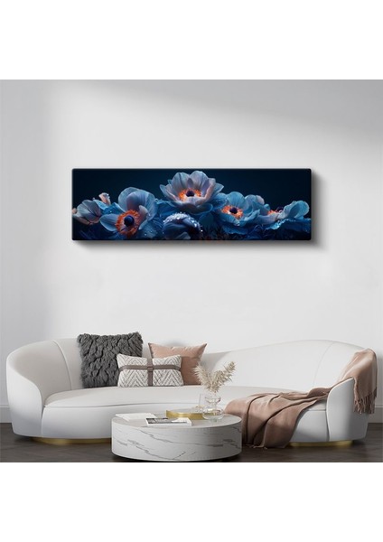 Mavi Anemonlar - Turuncu Merkezli Siyah Zeminde Çiçek Fotoğrafı Kanvas Tablo