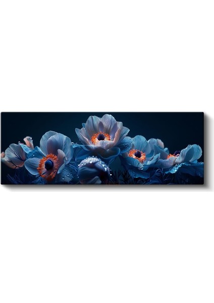 Mavi Anemonlar - Turuncu Merkezli Siyah Zeminde Çiçek Fotoğrafı Kanvas Tablo fiyatları
