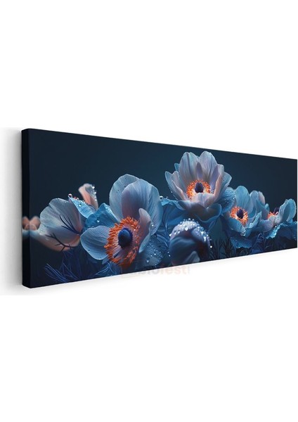 Mavi Anemonlar - Turuncu Merkezli Siyah Zeminde Çiçek Fotoğrafı Kanvas Tablo modelleri