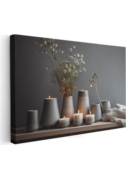 Minimalist Seramik Kompozisyon - Kurutulmuş Çiçekler ve Mumlar Kanvas Tablo