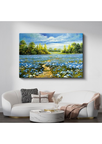 Mavi Çiçek Tarlası - Yağlı Boya Teknikli Manzara Kanvas Tablo
