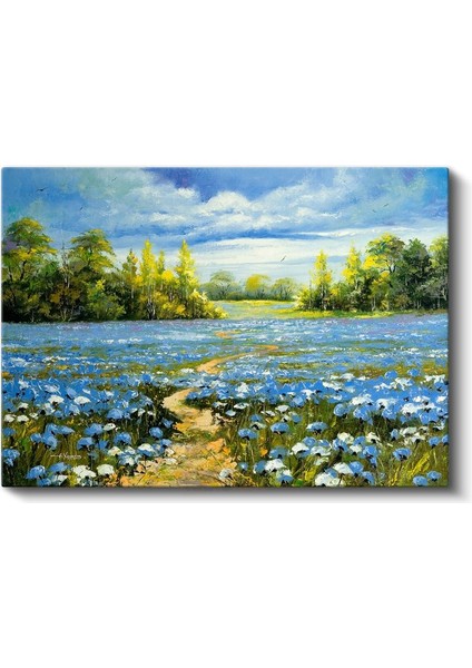 Mavi Çiçek Tarlası - Yağlı Boya Teknikli Manzara Kanvas Tablo fiyatları
