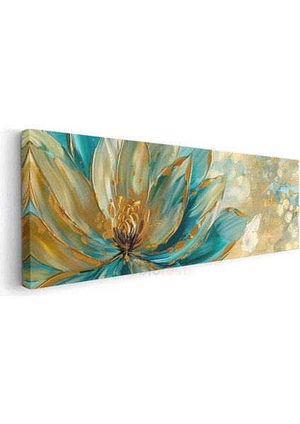 Turkuaz Nilüfer - Altın Detaylı Yağlı Boya Tarzı Çiçek Kompozisyonu Kanvas Tablo modelleri