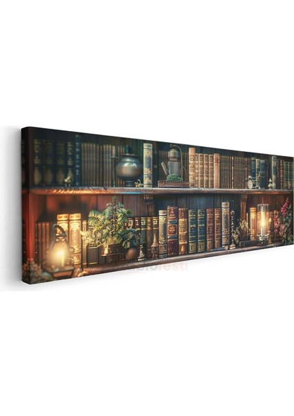 Klasik Kütüphane - Işıklı Kitap Rafları ve Bitki Detayları Kanvas Tablo