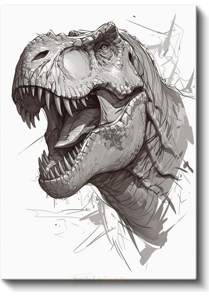 T-Rex Portresi - Gri Tonlarında Keskin Dişli Dinozor Kanvas Tablo