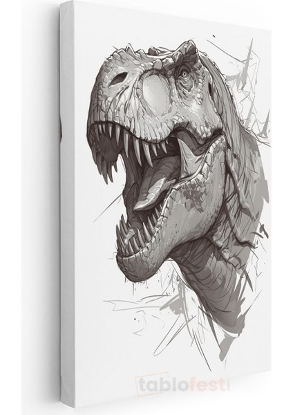 T-Rex Portresi - Gri Tonlarında Keskin Dişli Dinozor Kanvas Tablo