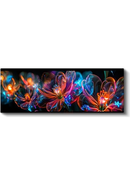 Neon Çiçekler - Siyah Zeminde Çok Renkli Dijital Sanat Kompozisyonu Kanvas Tablo