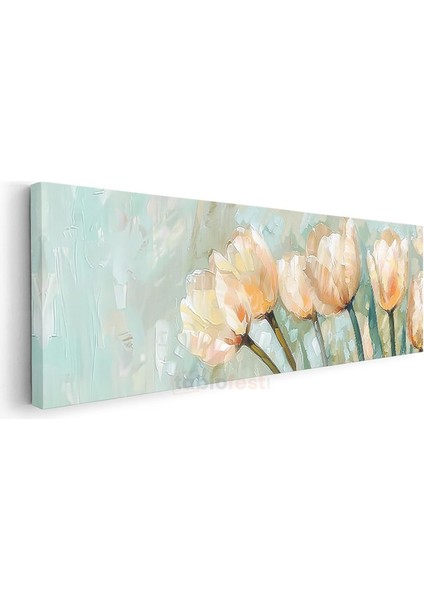 Şeftali Laleler - Pastel Mavi Arka Planlı Yağlı Boya Tarzı Çiçek Serisi Kanvas Tablo modelleri