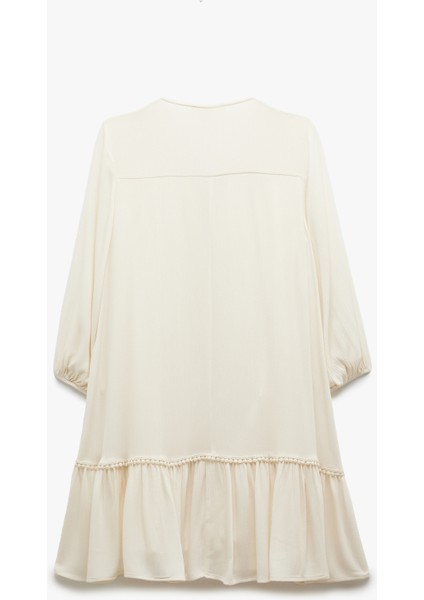 Viskon Crinkle Kumaş Astarlı 3/4 Kollu Yuvarlak Bağlama Yaka Detaylı Fırfırlı Elbise fiyatları