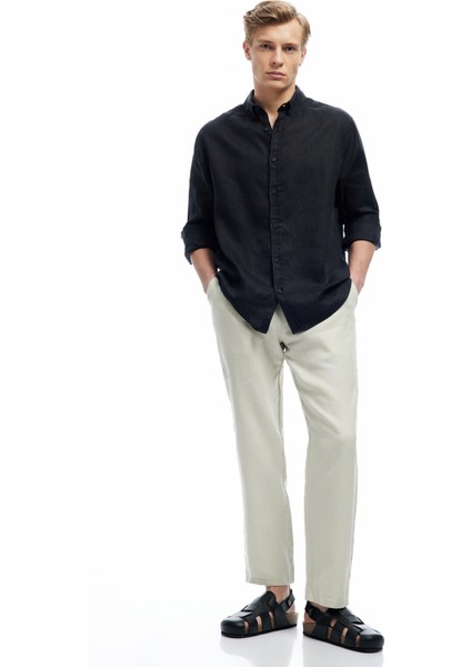 Beli Bağcıklı Cep Detaylı Keten Chino Pantolon