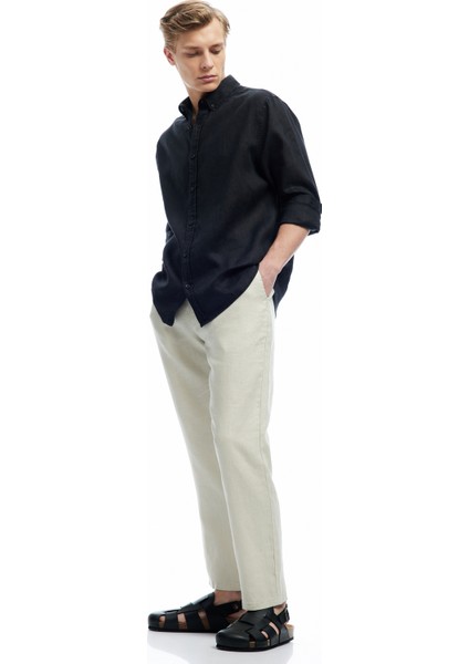 Beli Bağcıklı Cep Detaylı Keten Chino Pantolon