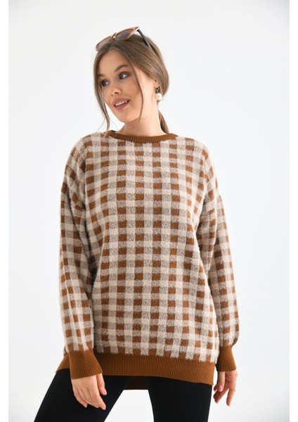 Women Kadın Kare Desen Bluz Taba 21-6334