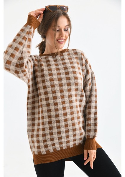 Women Kadın Kare Desen Bluz Taba 21-6334 modelleri