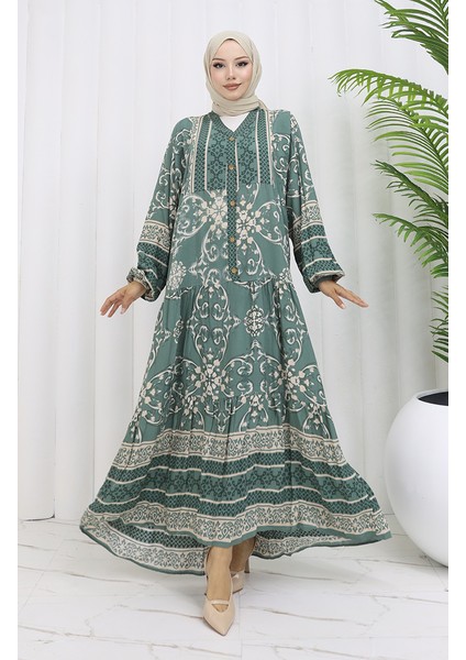 Viskon Kumaş Yarım Düğmeli Desenli Elbise 0052-04 Çağla Yeşili