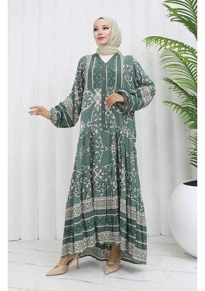 Viskon Kumaş Yarım Düğmeli Desenli Elbise 0052-04 Çağla Yeşili fiyatları