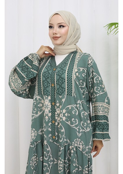 Viskon Kumaş Yarım Düğmeli Desenli Elbise 0052-04 Çağla Yeşili modelleri