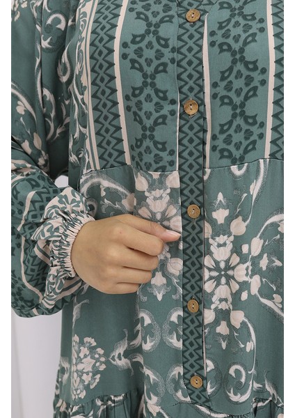 Viskon Kumaş Yarım Düğmeli Desenli Elbise 0052-04 Çağla Yeşili fırsatları