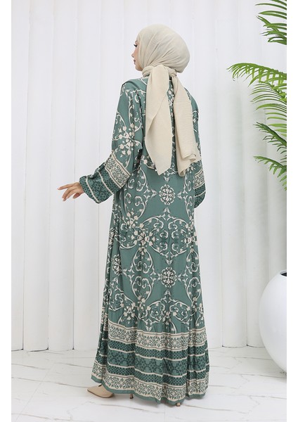 Viskon Kumaş Yarım Düğmeli Desenli Elbise 0052-04 Çağla Yeşili indirimleri