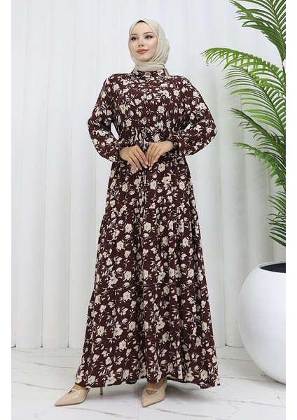 Viskon Kumaş Yarım Düğmeli Desenli Elbise 0053-01 Kahverengi