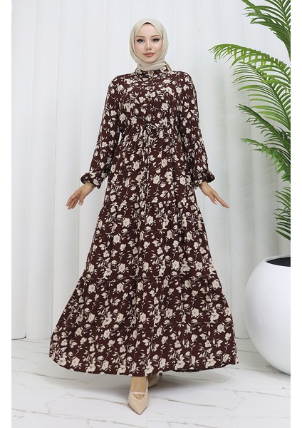 Viskon Kumaş Yarım Düğmeli Desenli Elbise 0053-01 Kahverengi fiyatları