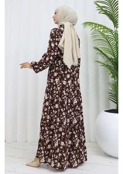 Viskon Kumaş Yarım Düğmeli Desenli Elbise 0053-01 Kahverengi indirimleri