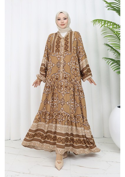 Viskon Kumaş Yarım Düğmeli Desenli Elbise 0052-02 Kahverengi