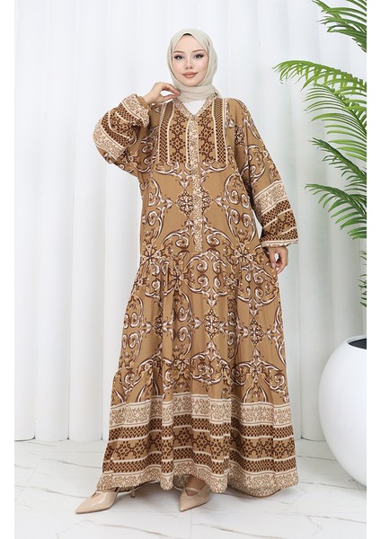 Viskon Kumaş Yarım Düğmeli Desenli Elbise 0052-02 Kahverengi fiyatları