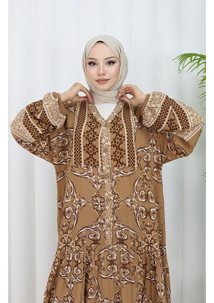 Viskon Kumaş Yarım Düğmeli Desenli Elbise 0052-02 Kahverengi modelleri